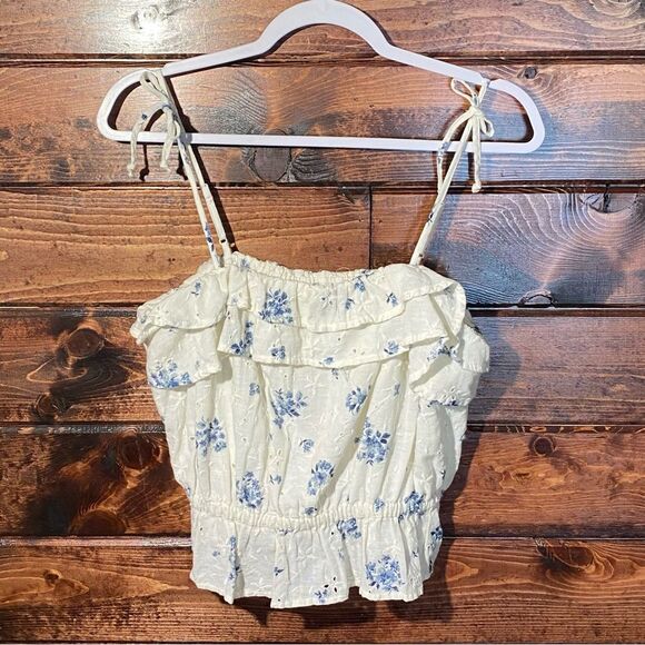American Eagle Ruffled Tie Strap Floral Linen Blend Eyelet Crop Top Women's Med. - Picture 8 of 15